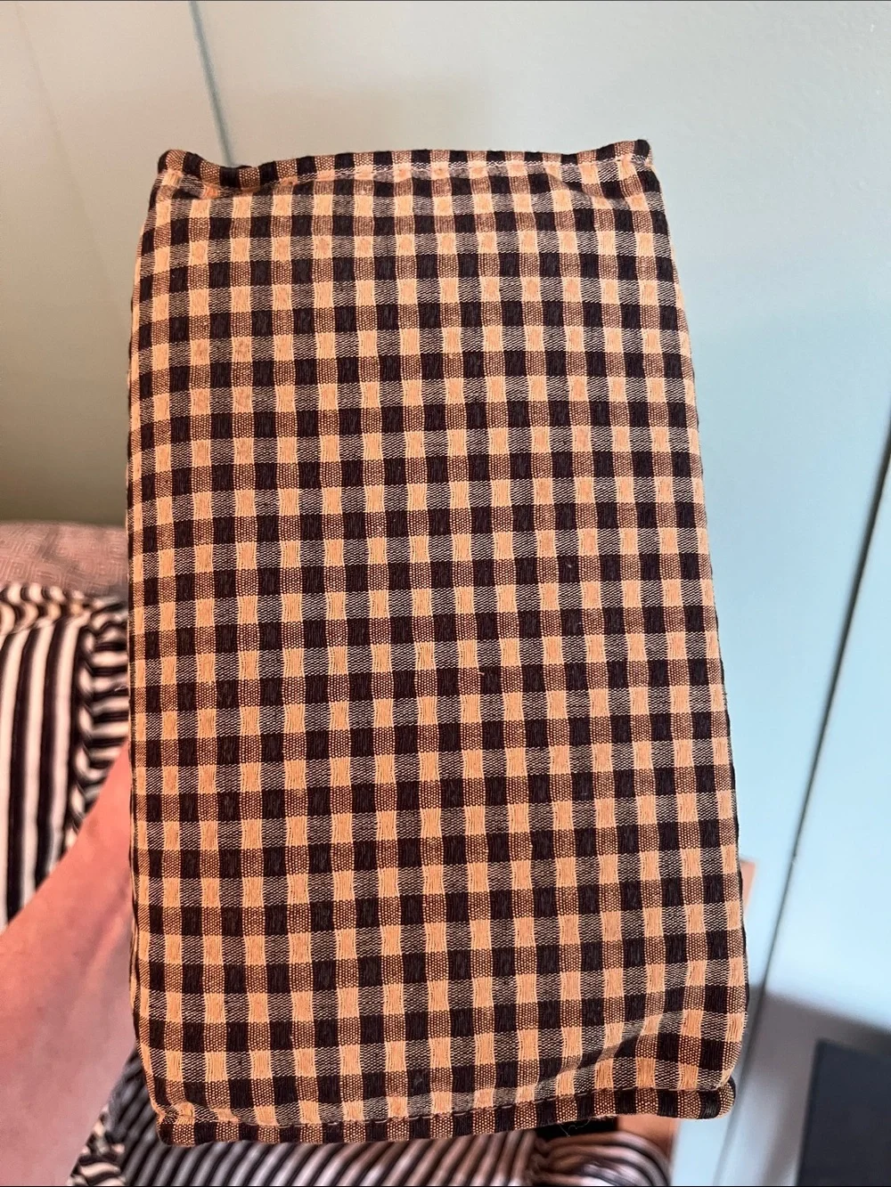 Longaberger Black and Tan Gingham Tote Accentw/ Embroidered Floral and Liner